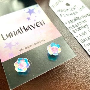 Iridescent fluorite stone flower studs